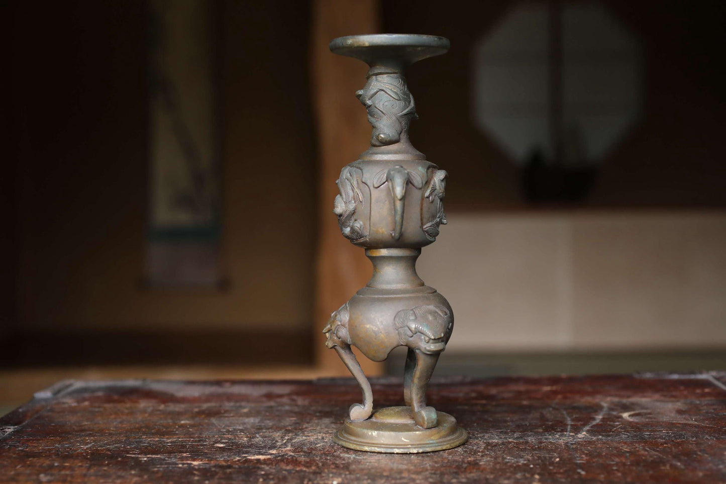 Antique Brass Candlestick Japanese Animal Motif Cast Metal Pillar Candle Holder