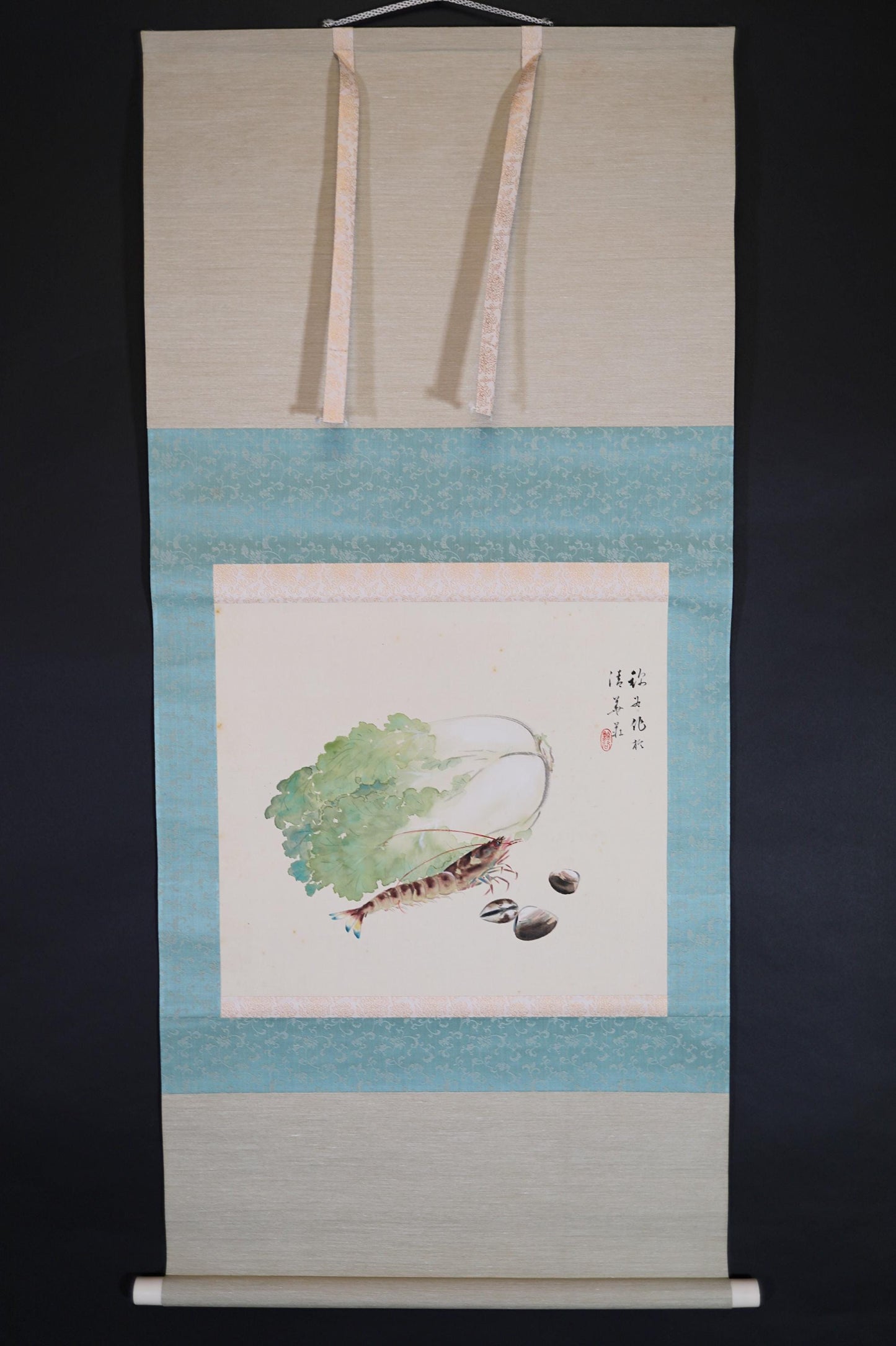 Japanese Hanging Scroll – Vintage Wall Art Shrimp & Vegetable Signed Kakejiku Scroll