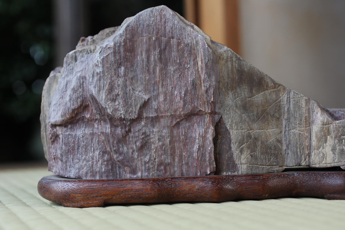 A close-up image of a large, jagged rock with a wooden base, placed on a wooden surface.