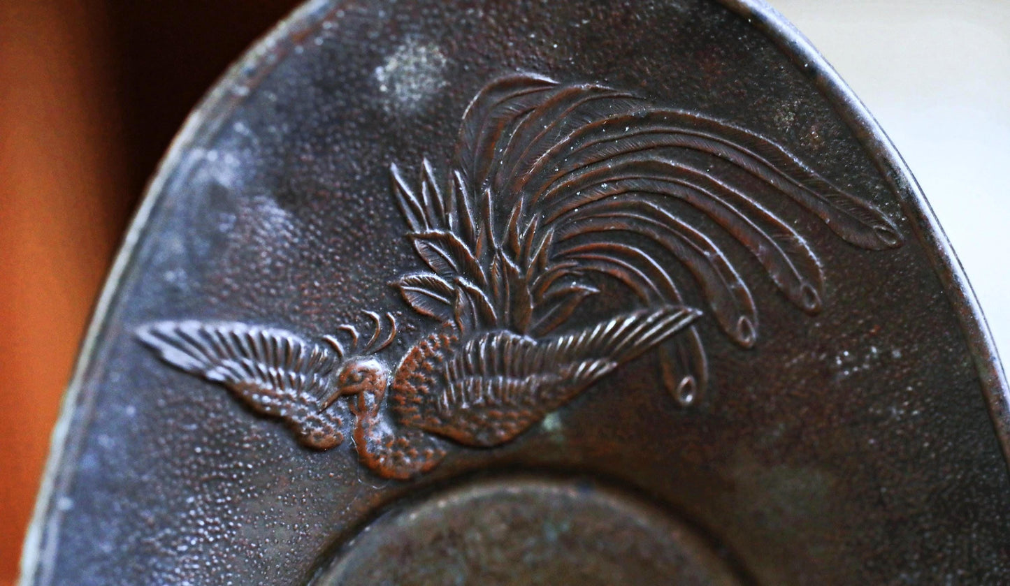 Antique Bronze Cup Saucers - Set of Five Japanese Tea Coasters with Phoenix Design