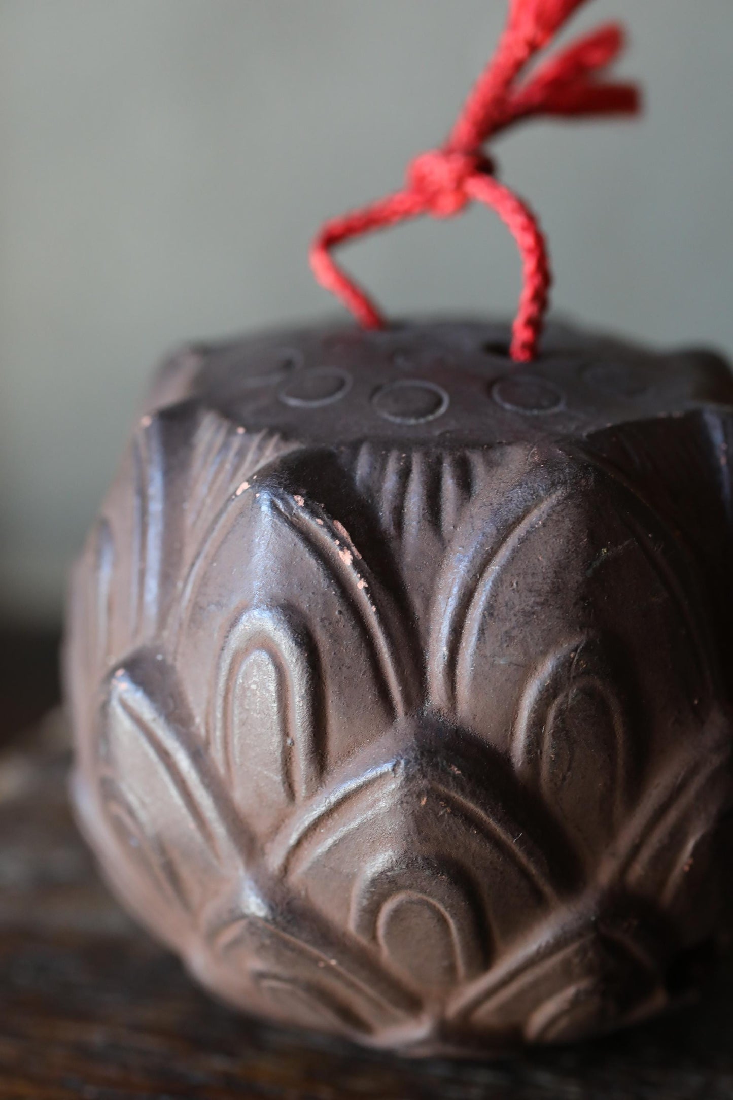 Japanese Pottery Bell - Vintage Clay Bell Lotus Flower Amulet | Taimadera Temple Souvenir