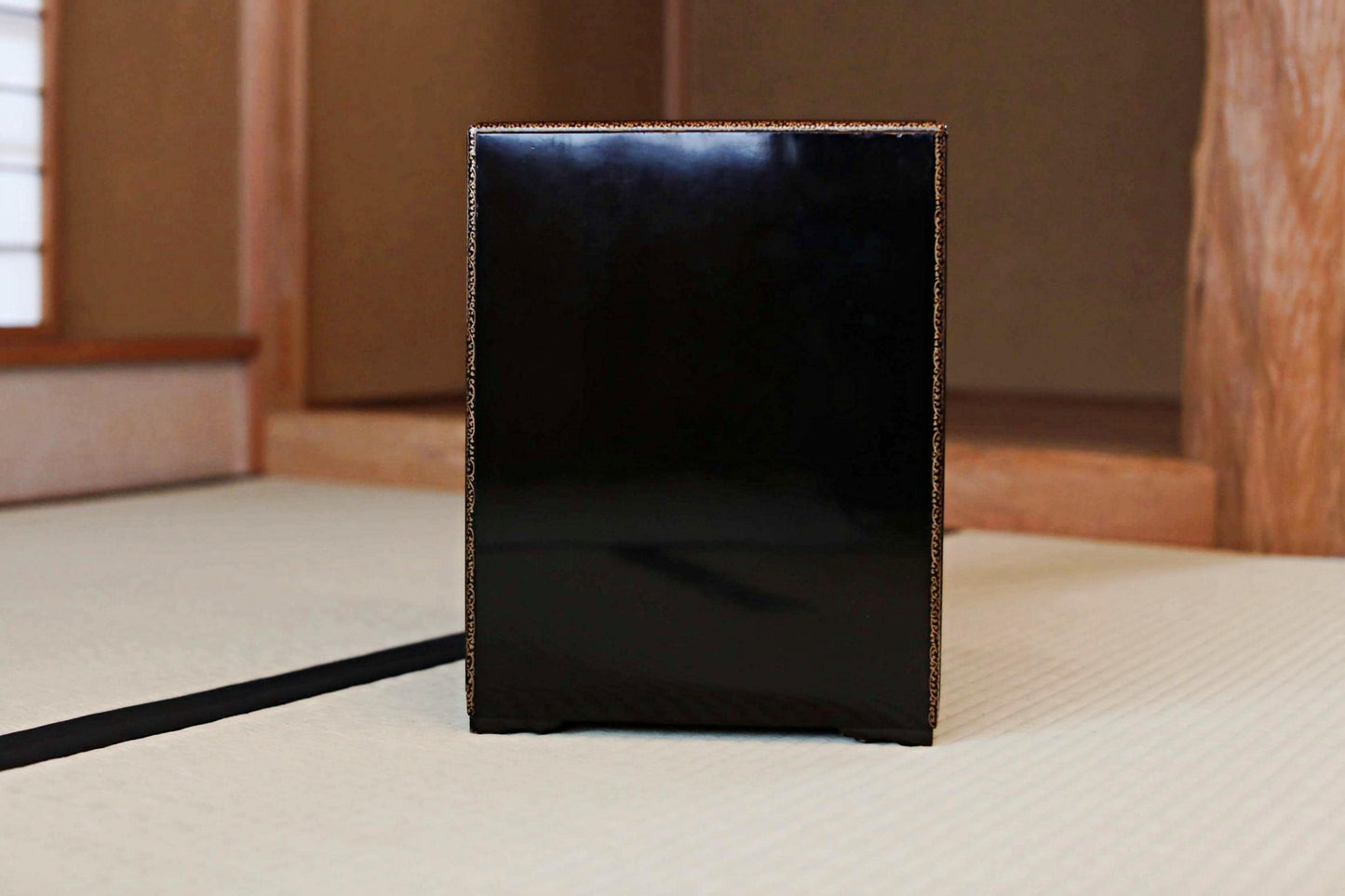 Tansu Chest: Black Lacquer Japanese Temple Chest With Gold Makie Family Crest & Glossy Finish