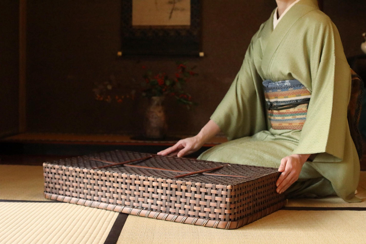 Antique Bamboo Basket - Vintage Japanese Kimono Obi Box | 1920s Woven Storage