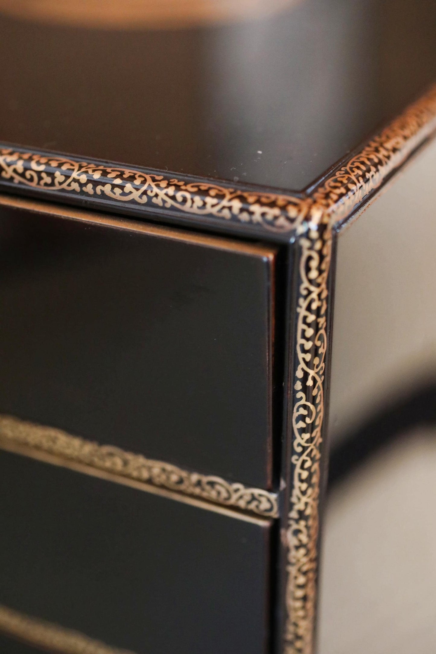 Tansu Chest: Black Lacquer Japanese Temple Chest With Gold Makie Family Crest & Glossy Finish