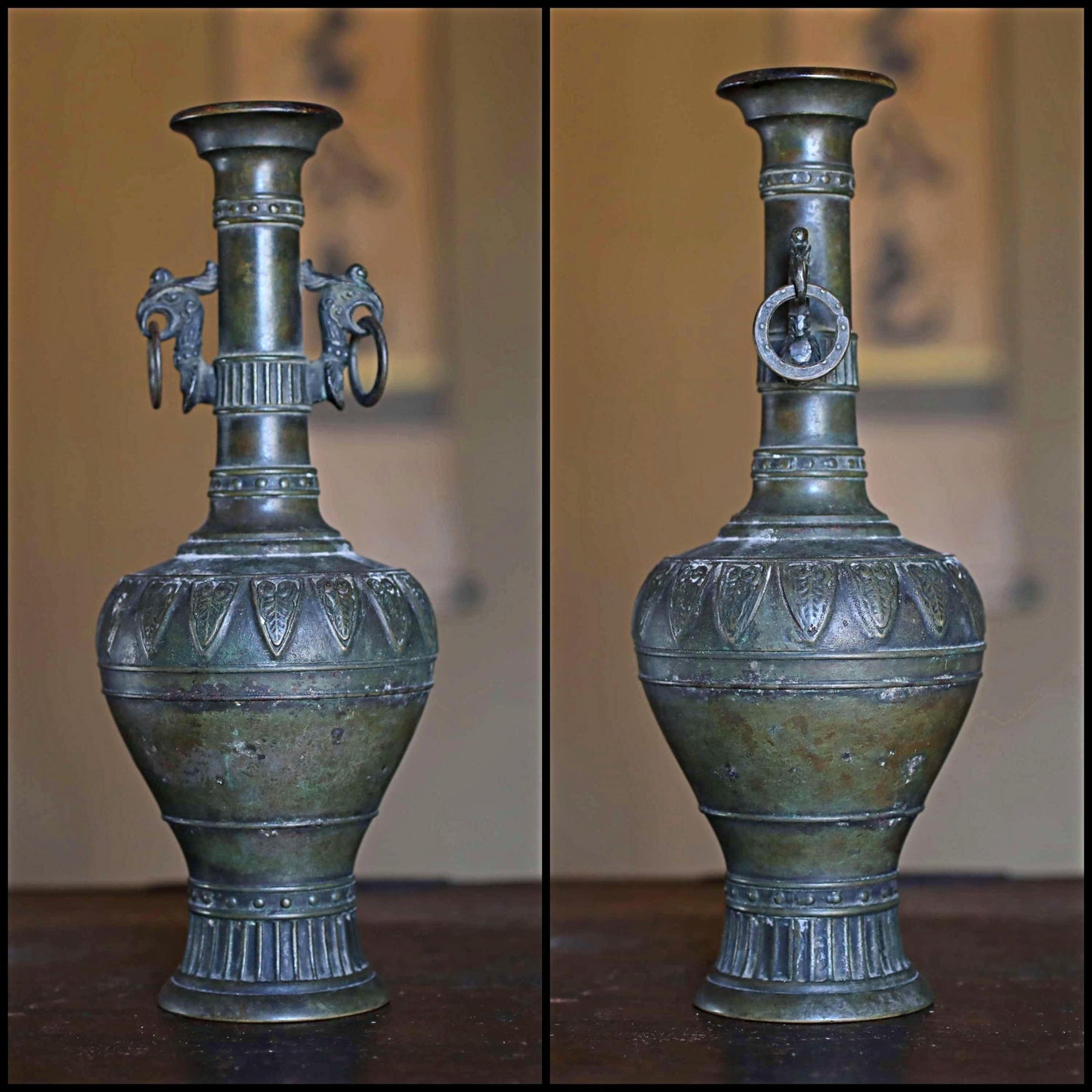 Vintage Bronze Vase - Japanese Antique 1960s Flower Vase with Phoenix Bird Design