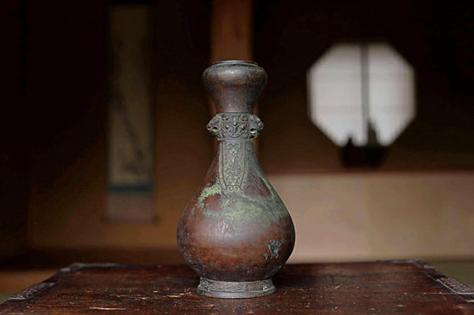 Vintage Bronze Vase - Japanese Antique Decor With Decorative Lion Ears & Aged Patina Finish