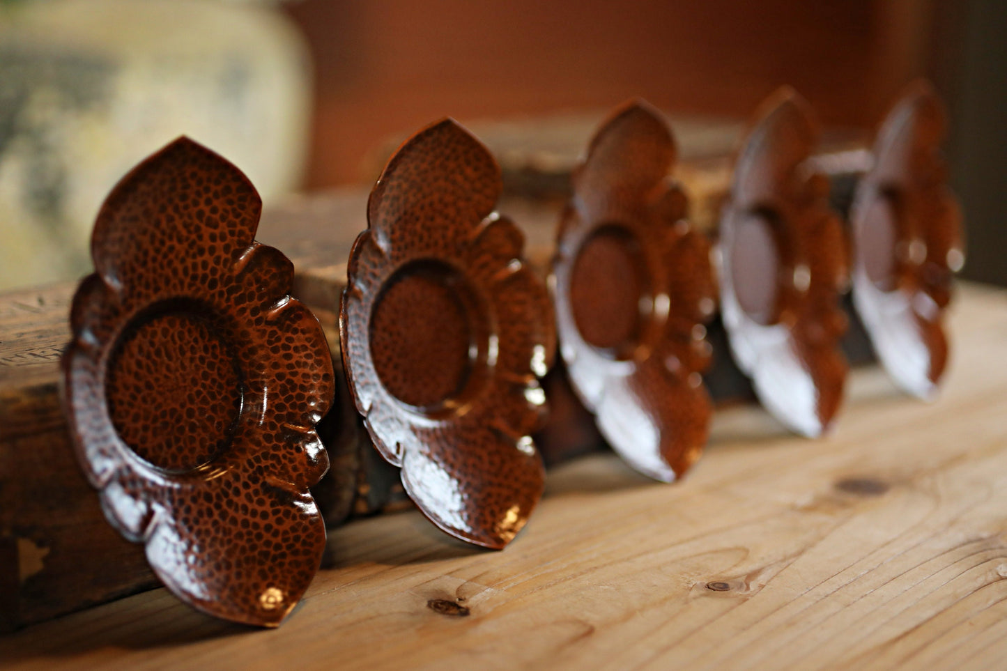 Japanese Tea Coasters - Hand Hammered Copper Coasters Set with Flower Design