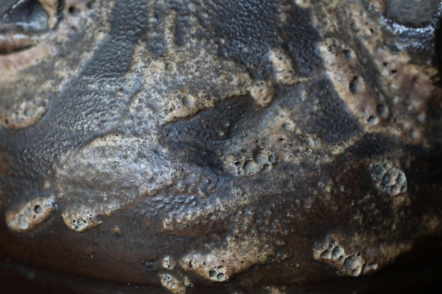 a close-up view of a textured, dark surface with a rough, uneven appearance.