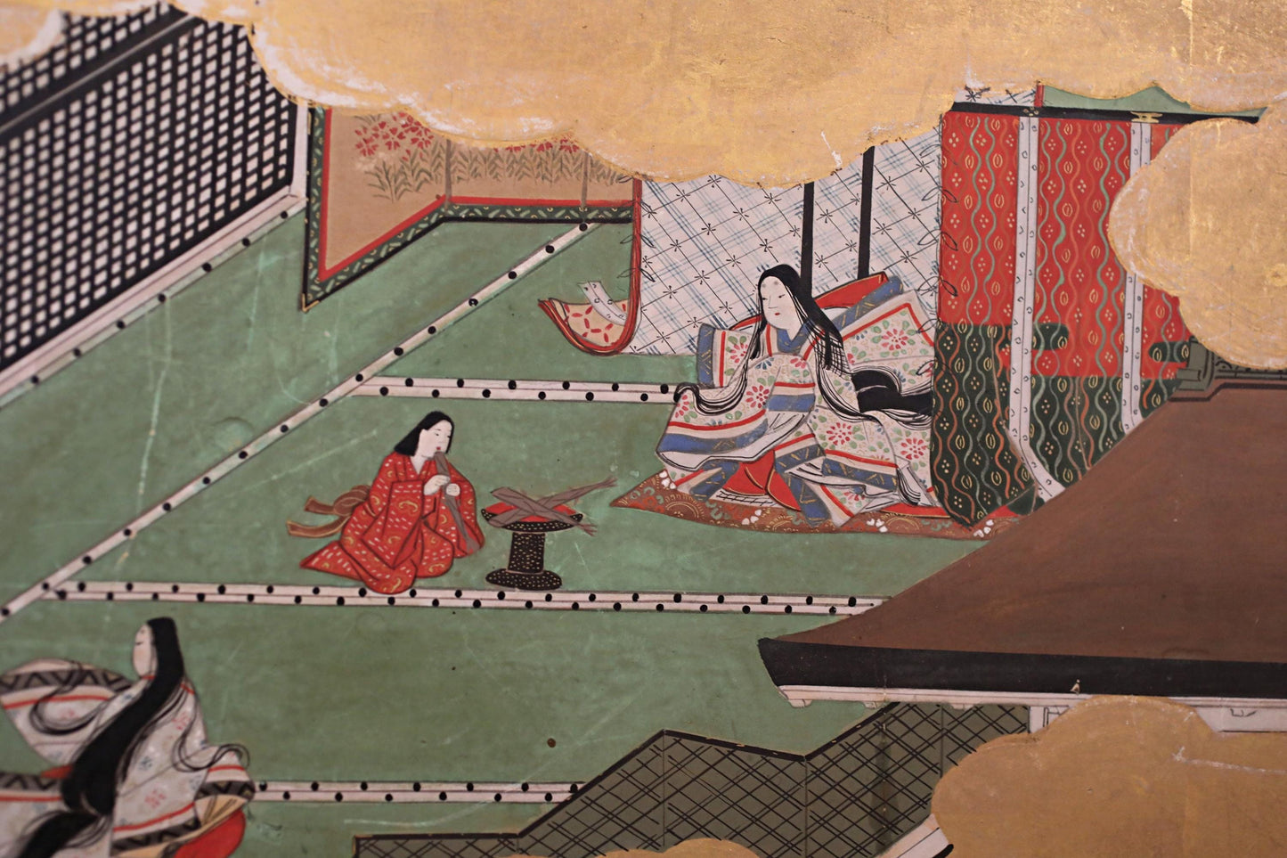 Japanese Antique Byobu Folding Screen - Tale of Genji Art, Gold & Silver Leaf, 17th Century Paravent