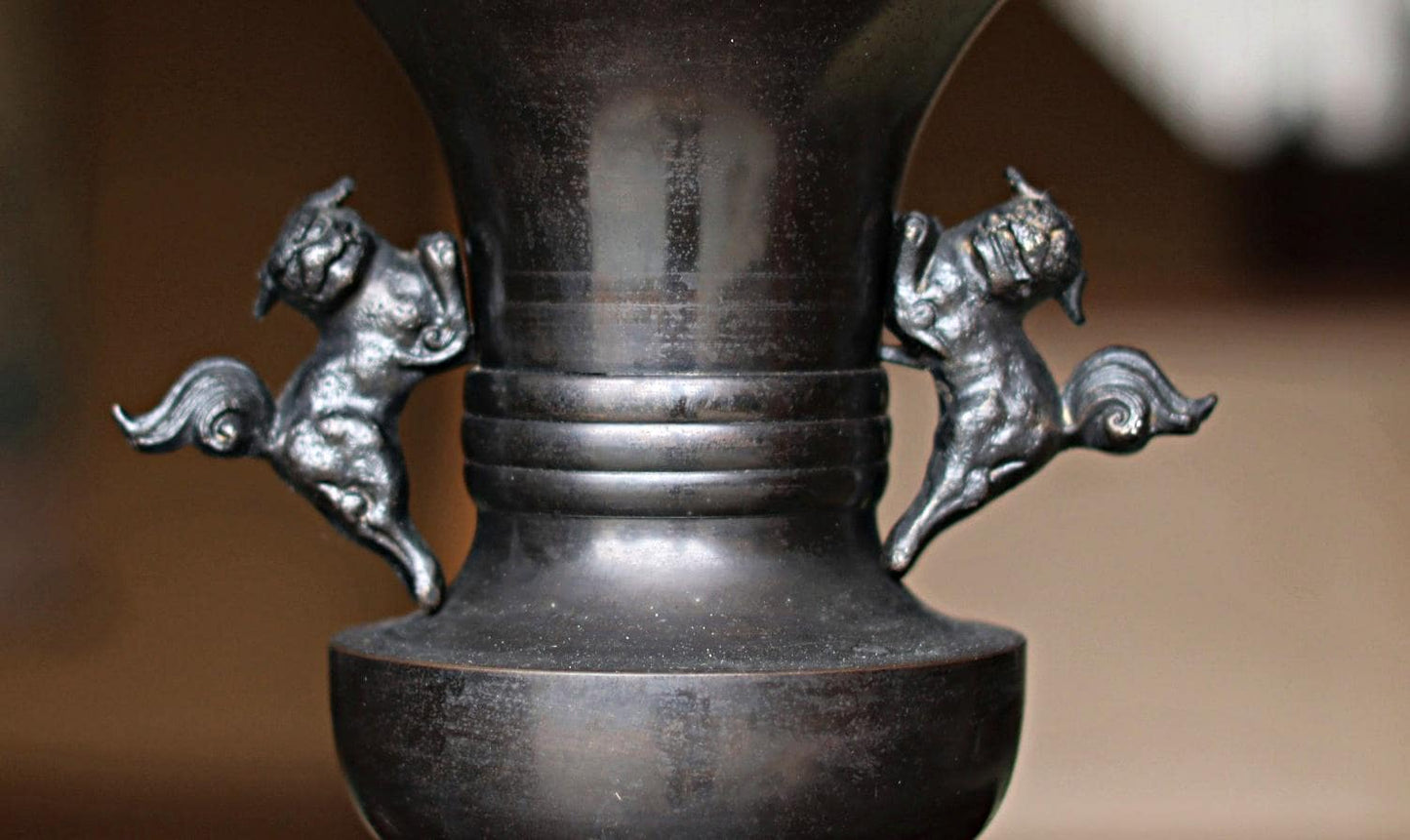 Japanese Bronze Vase - Large Vintage Temple Altar Vessel with Imperial Lion Handles
