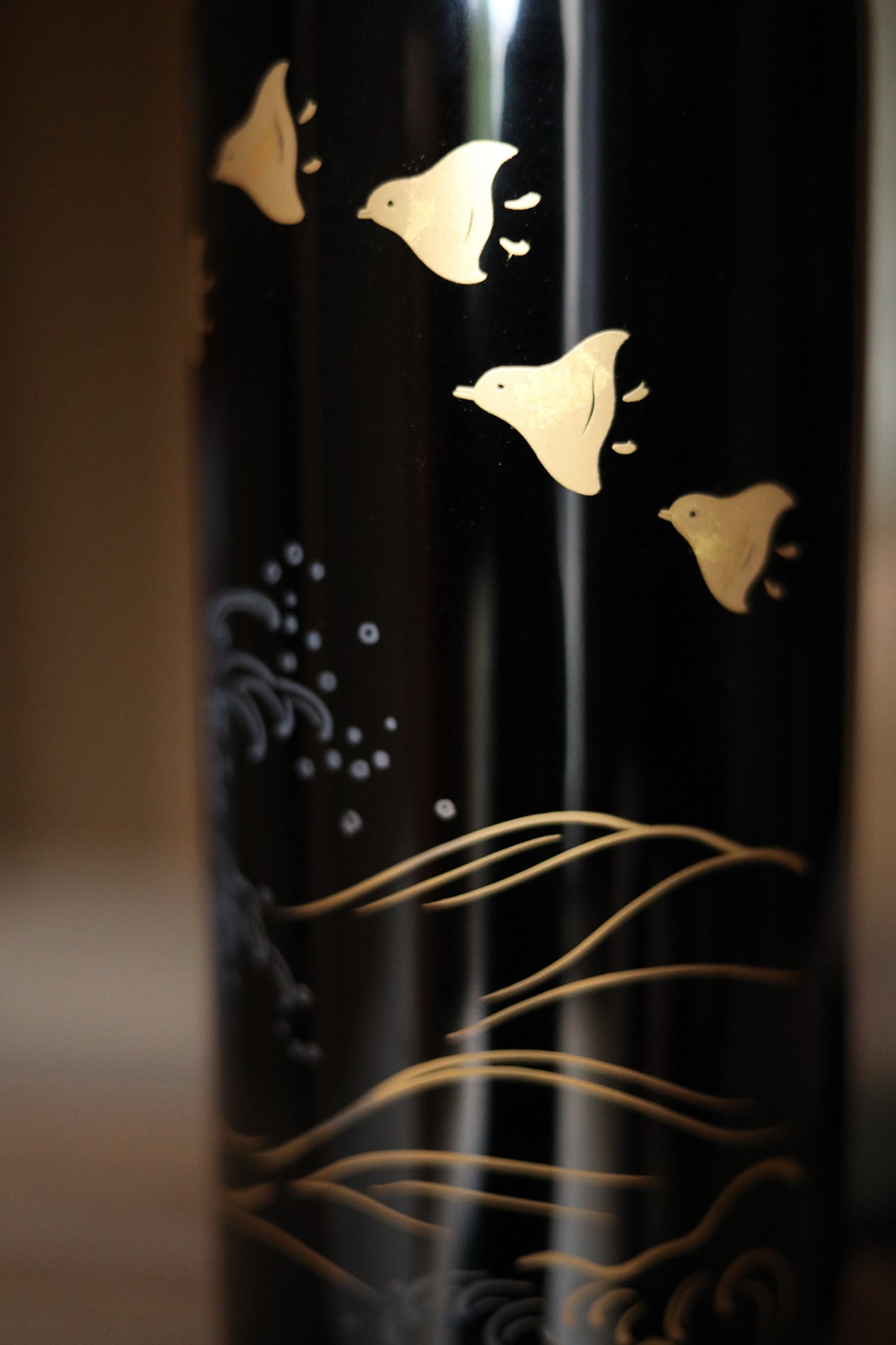 Japanese Lacquer Vase - Black Makie Flower Vase With Gold Bird Art & Wave Design