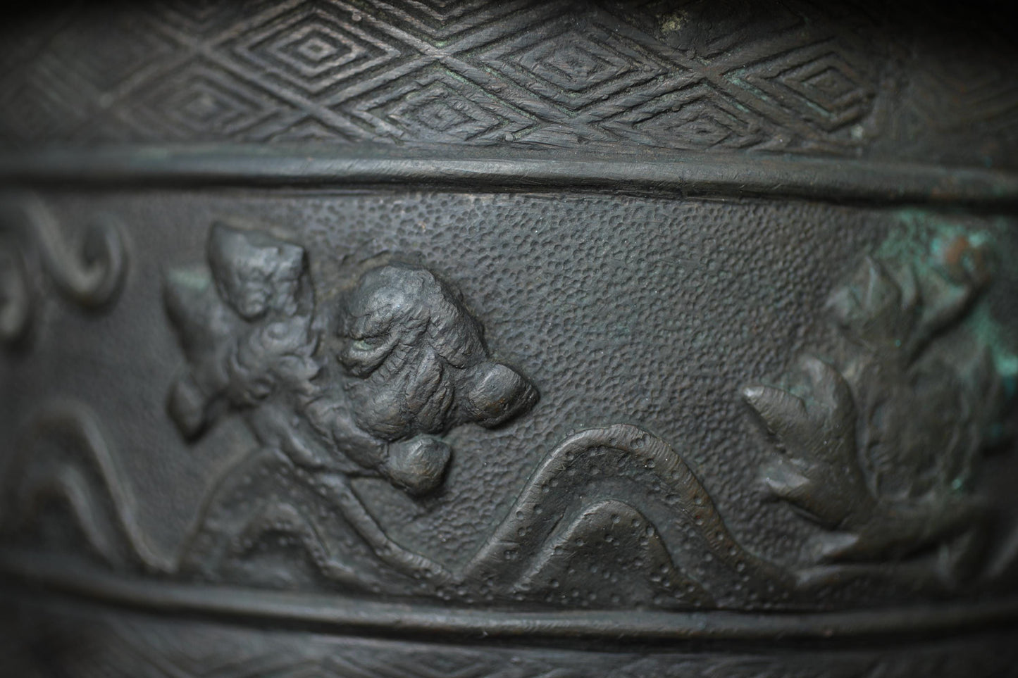 Antique Bronze Censer - Japanese Incense Burner with Lion and Peony Relief