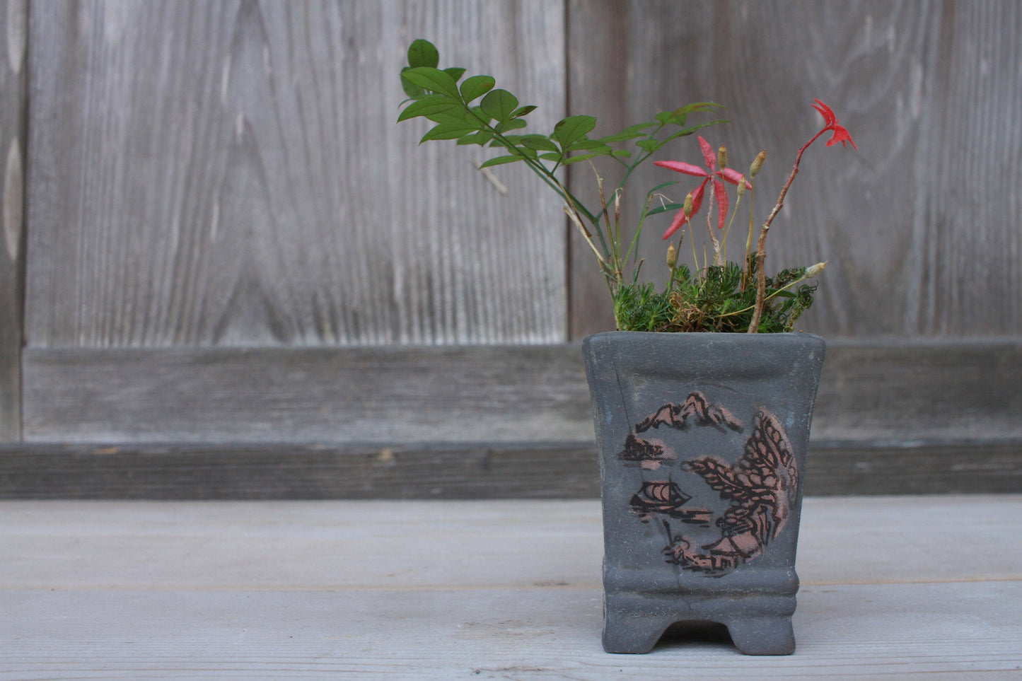 Mini Bonsai Pot - Japanese Vintage Matte Black Ceramic Square Planter with Kanji Signature