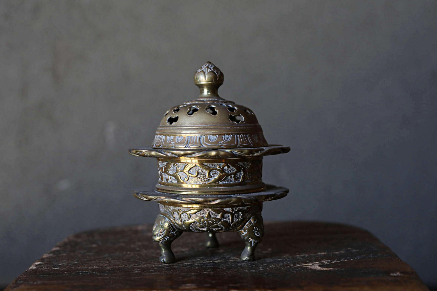 Antique Brass Censer - Buddhist Incense Burner With Lotus Flower Lid & Lion-Footed Design