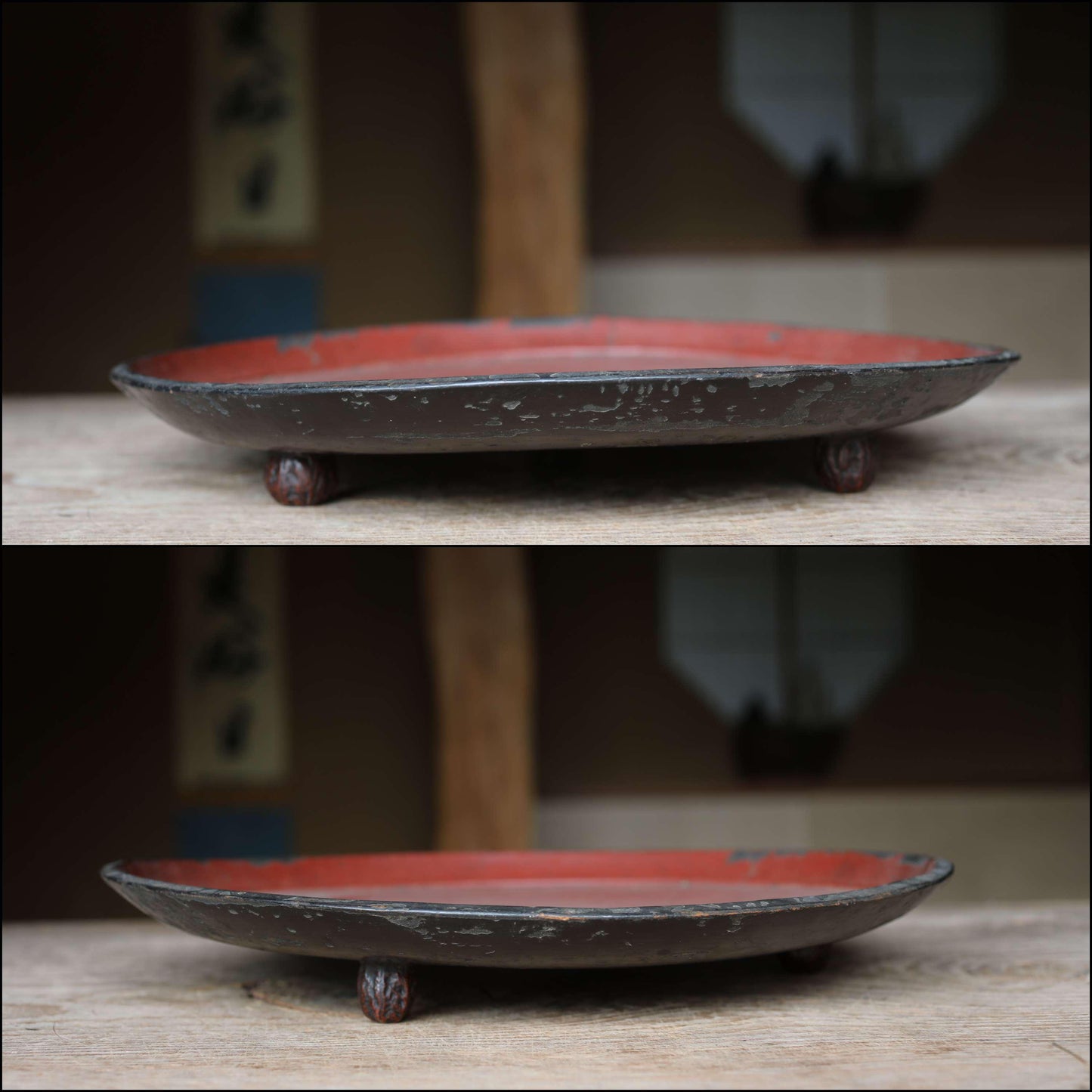 Japanese Lacquer Tray - Antique Obon Round Wooden Tray with Walnut Legs