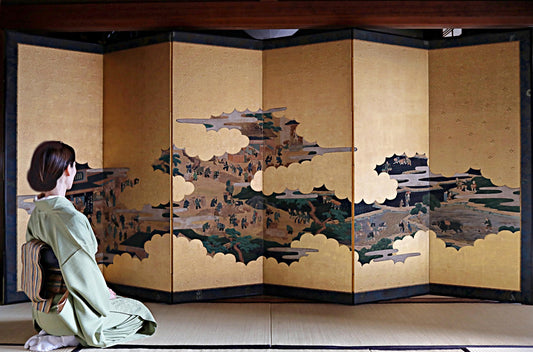 Japanese Folding Screen - Antique Byobu Screen with Gold Leaf Clouds & 1800s Art