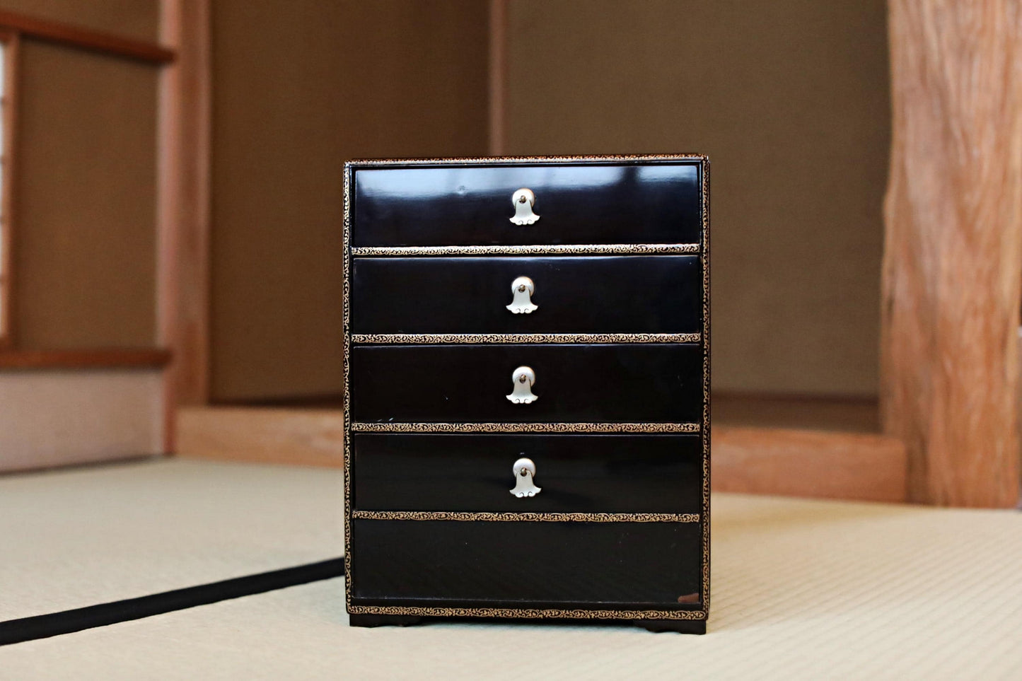 Tansu Chest: Black Lacquer Japanese Temple Chest With Gold Makie Family Crest & Glossy Finish