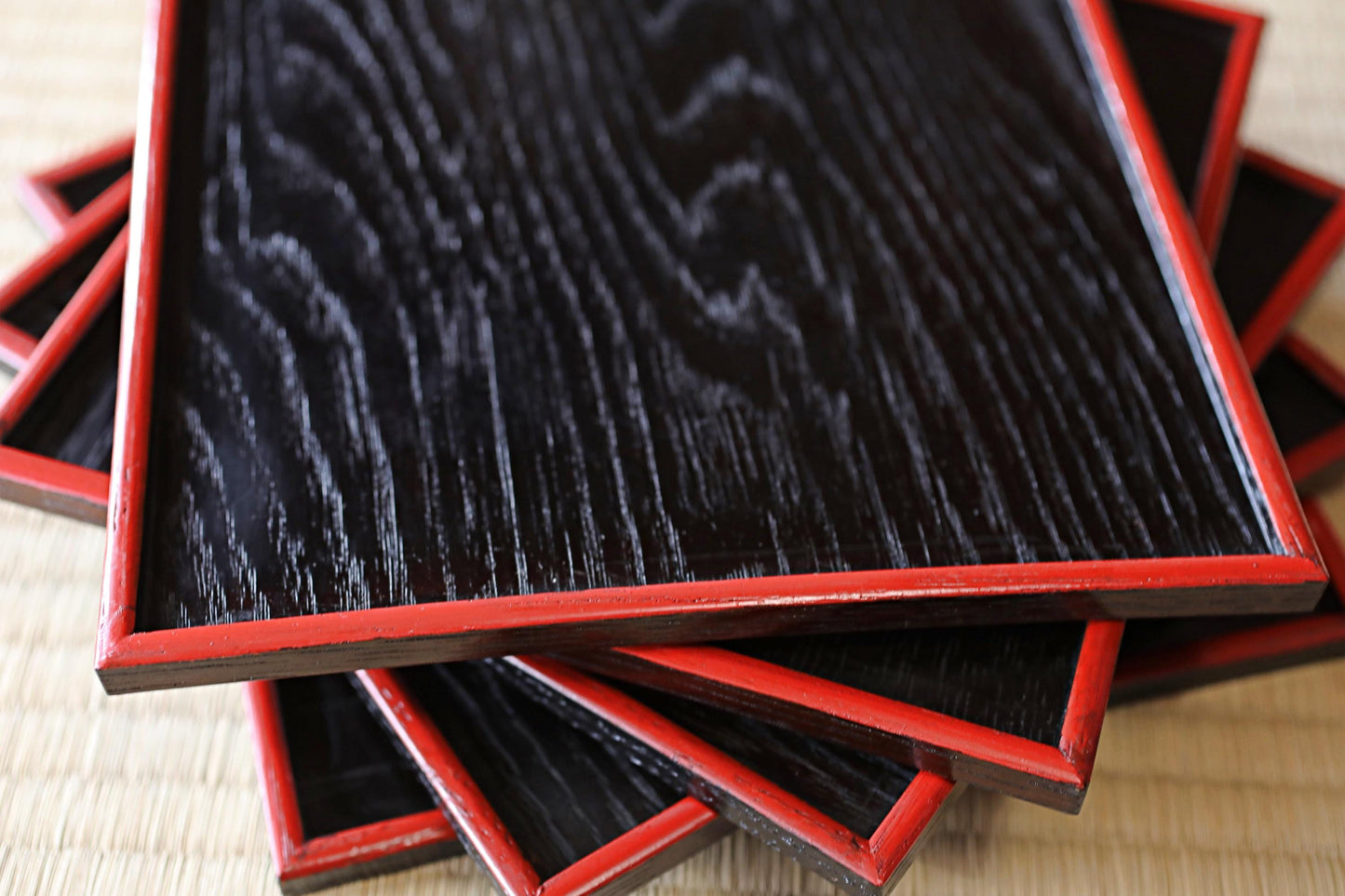 Japanese Lacquer Trays - Set of 5 Antique Wooden Trays with Black Obon Box