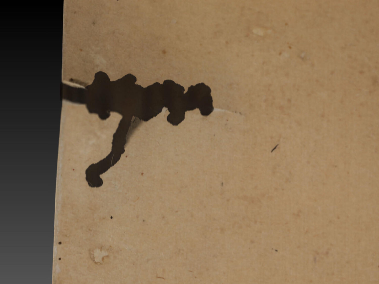 a close-up view of a piece of paper with a dark, ink-like substance or stain on it, which appears to be dripping or spreading across the surface.