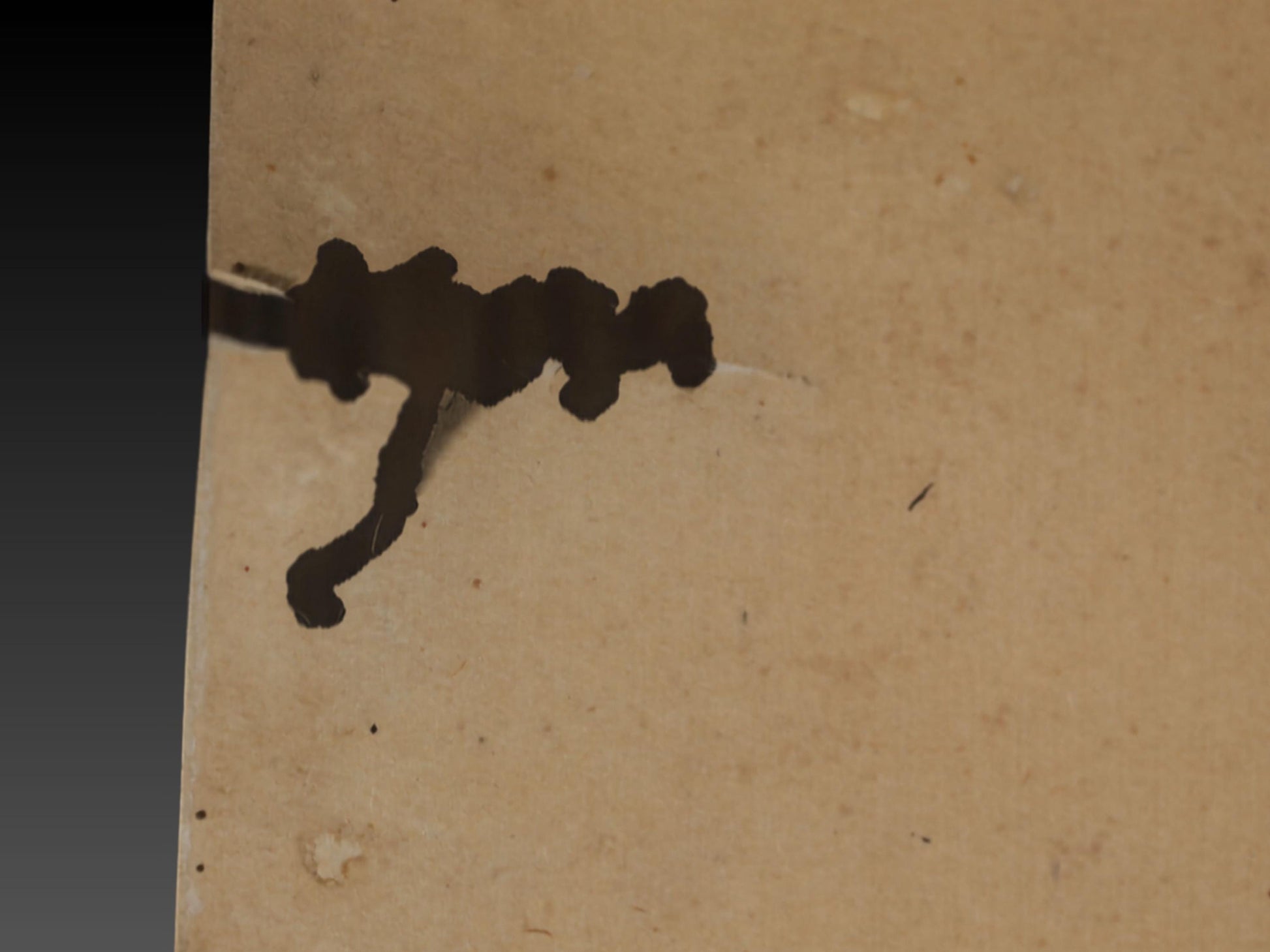 a close-up view of a piece of paper with a dark, ink-like substance or stain on it, which appears to be dripping or spreading across the surface.