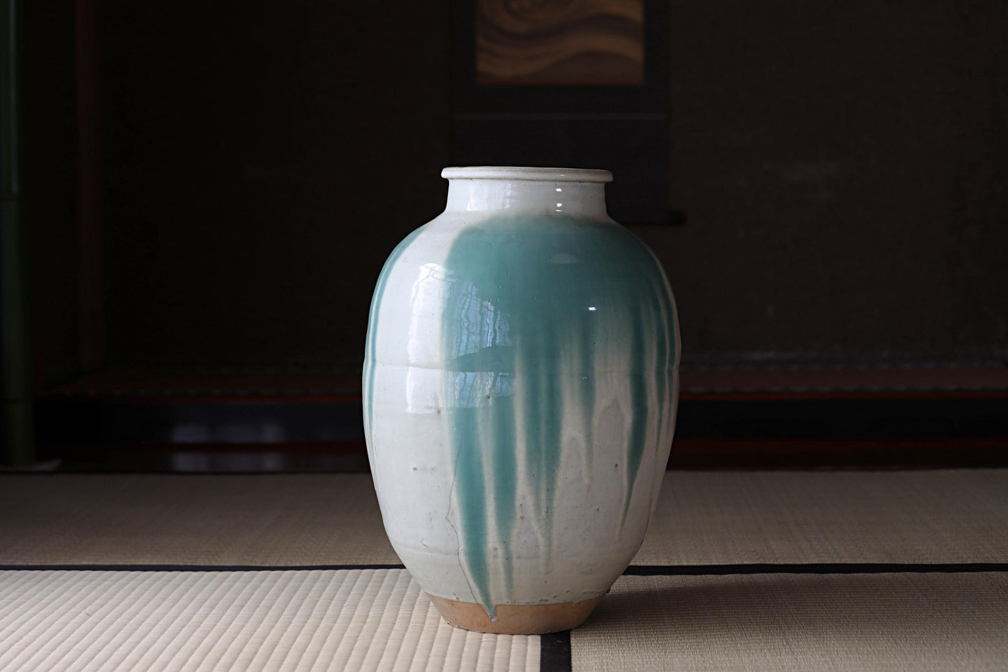Antique Shigaraki Jar – Large Japanese Pottery Vase with Blue Green Waterfall Glaze