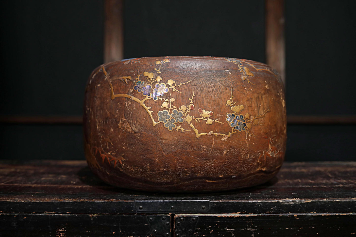 Antique Japanese Hibachi | Traditional Charcoal Brazier with Makie Quail & Plum Blossom Inlay