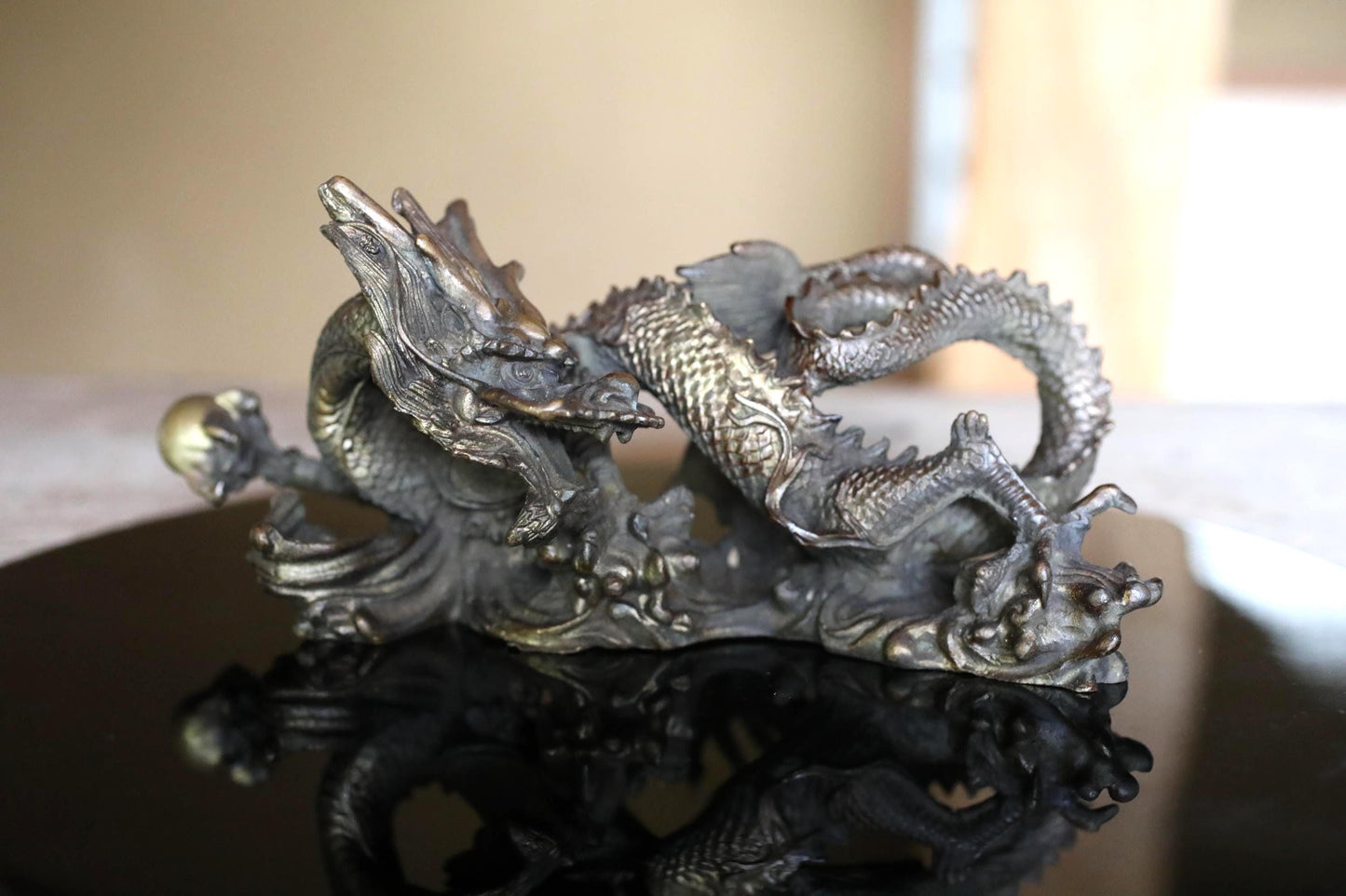 Japanese Dragon Statue - Bronze Dragon Figurine With Crystal Ball, Feng Shui Decor