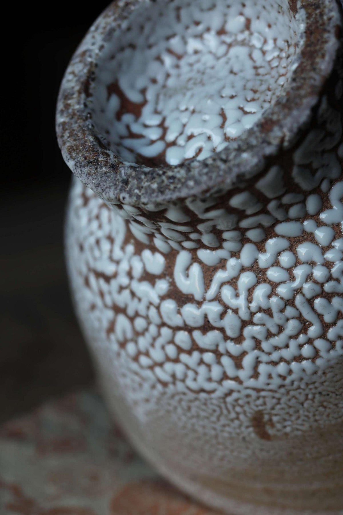 A close-up image of a ceramic vase with a textured surface, featuring a pattern of white and brown speckles.