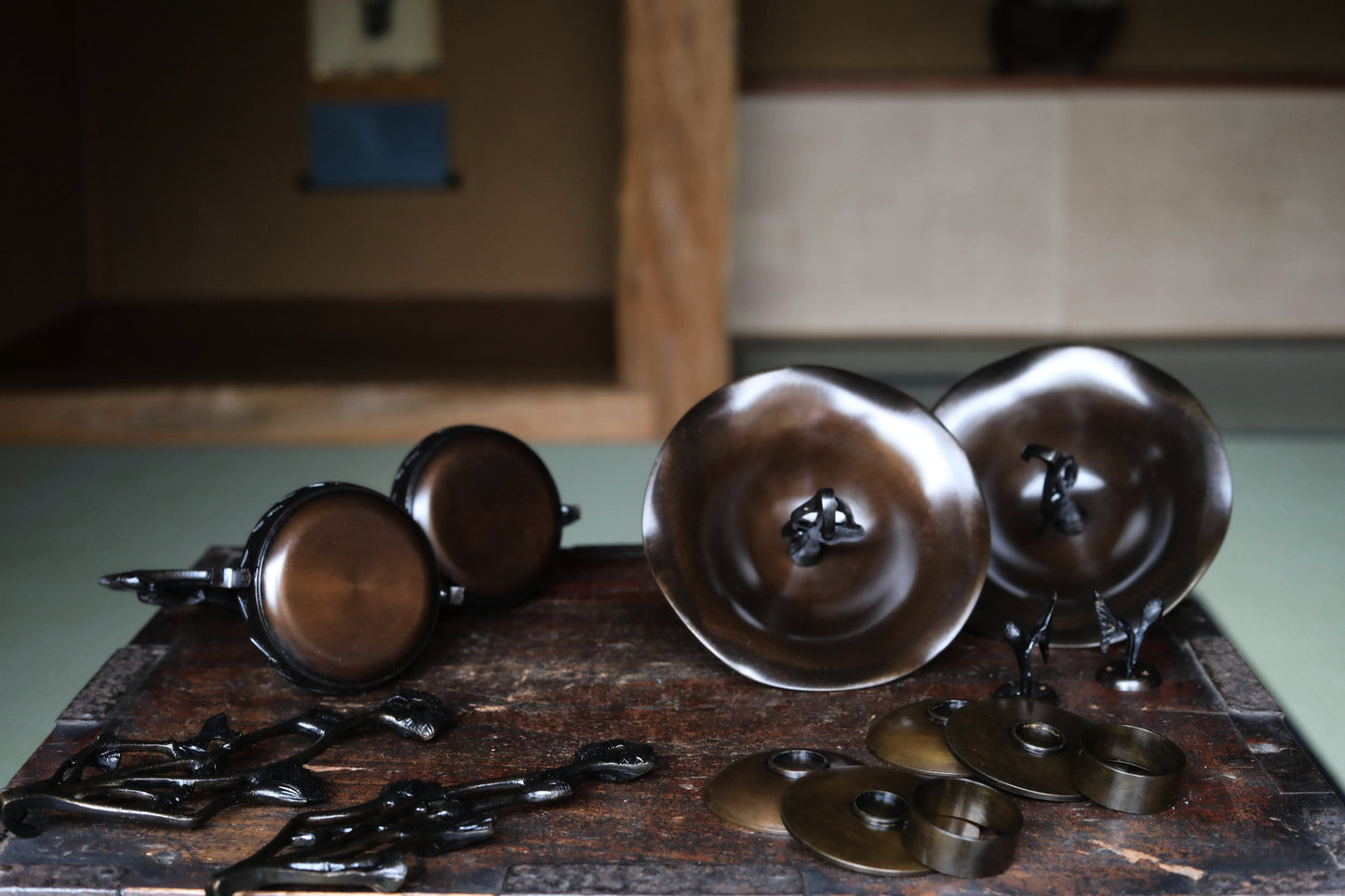 Japanese Bronze Lantern - Hanging Candle Holder Pair With Lotus Flower Candlestick
