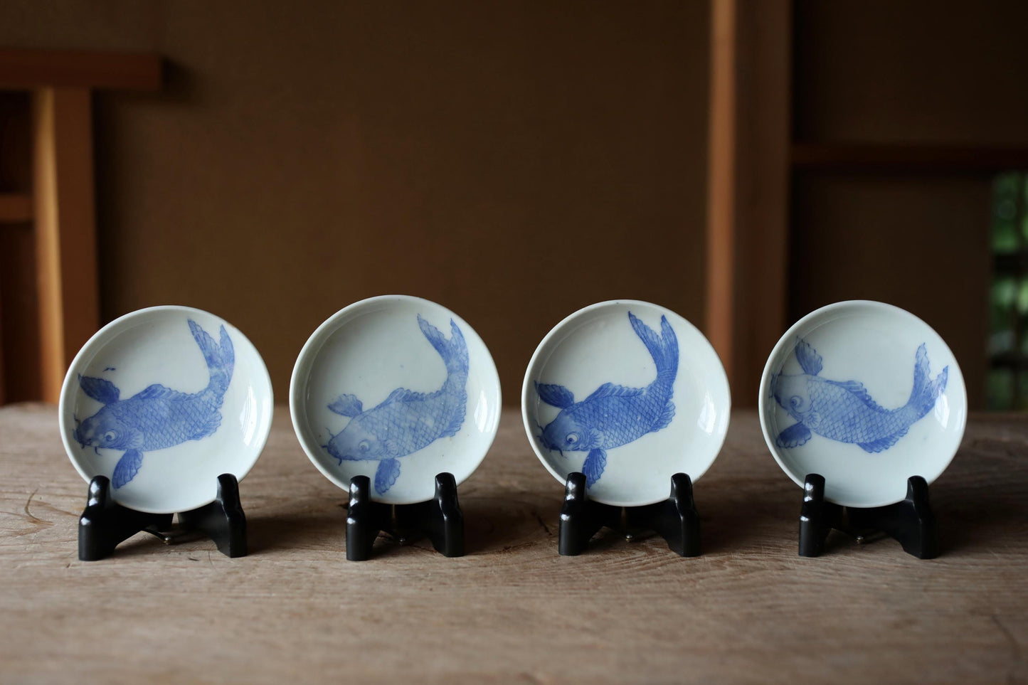 Japanese Porcelain Plates – Vintage Indigo Carp Design | Set of 8 Handmade Ceramic Dishes