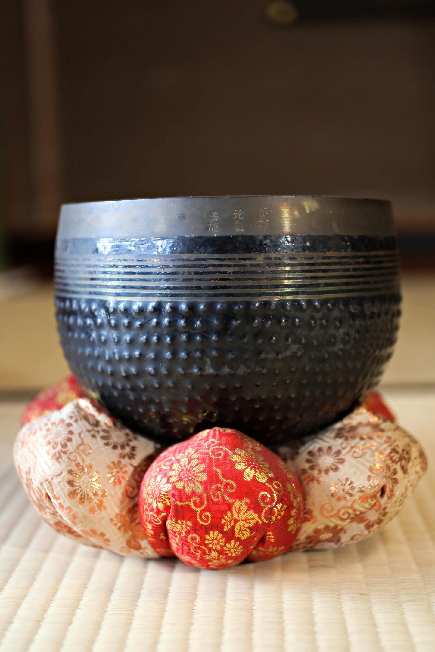 Antique Bronze Singing Bowl - Hand Beaten Rin Bell with Silk Cushion & Stick