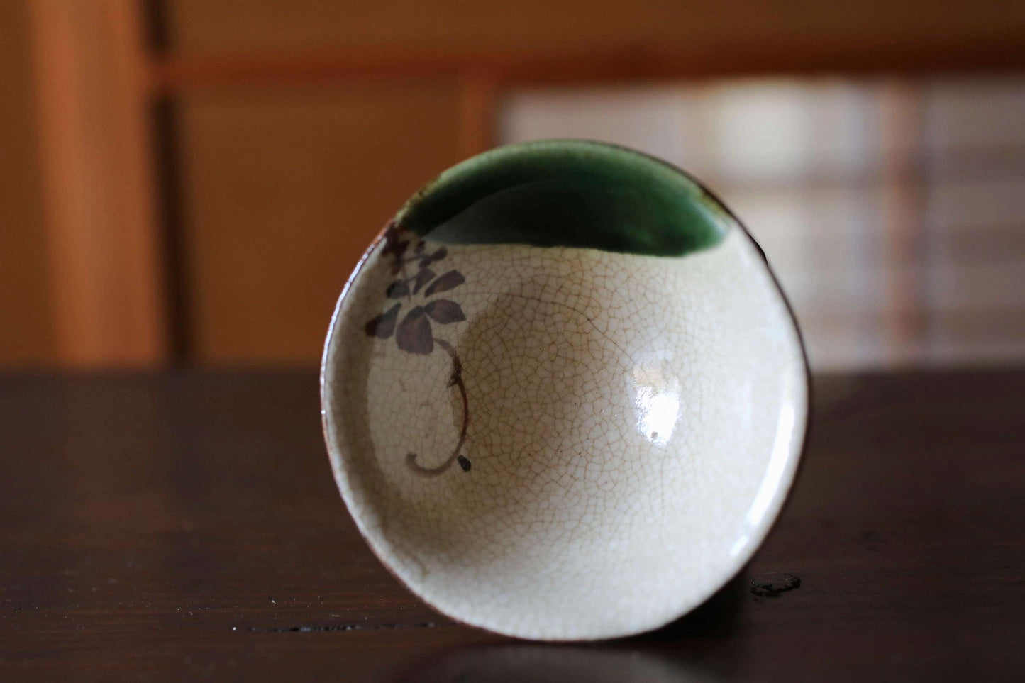 Oribe Ware Sake Cup - Vintage Japanese Kiln Art Green Glaze Ceramic Gift Box
