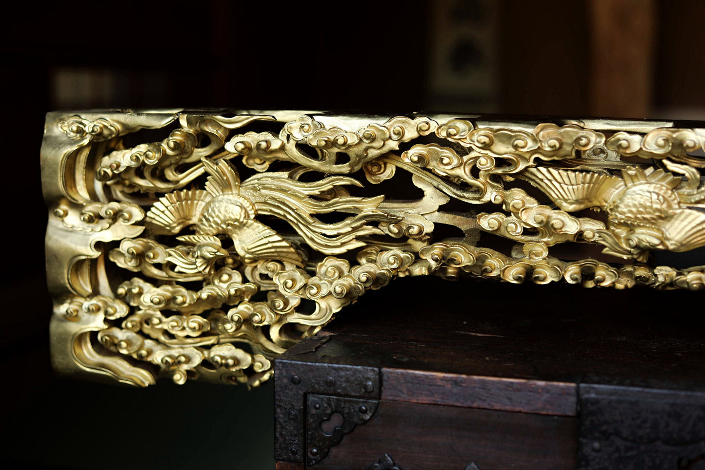 Japanese Gold Phoenix Carving – Hand Carved Wood Panel With Celestial Clouds