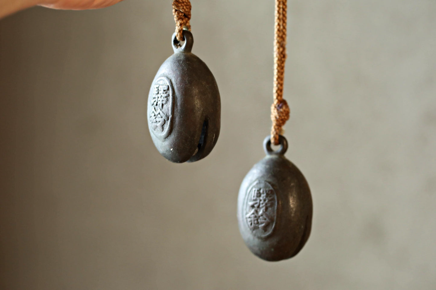Japanese Bronze Bells - Vintage Bronze Bell Pair with Kanji Suzu for Entryway Display