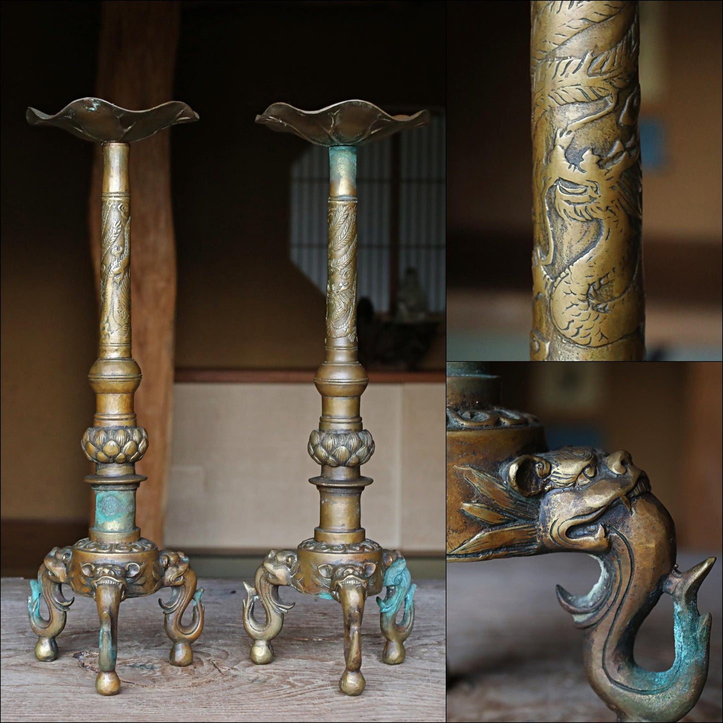 Antique Brass Candlestick Pair - Japanese Dragon Lotus Design With Lion Head Base