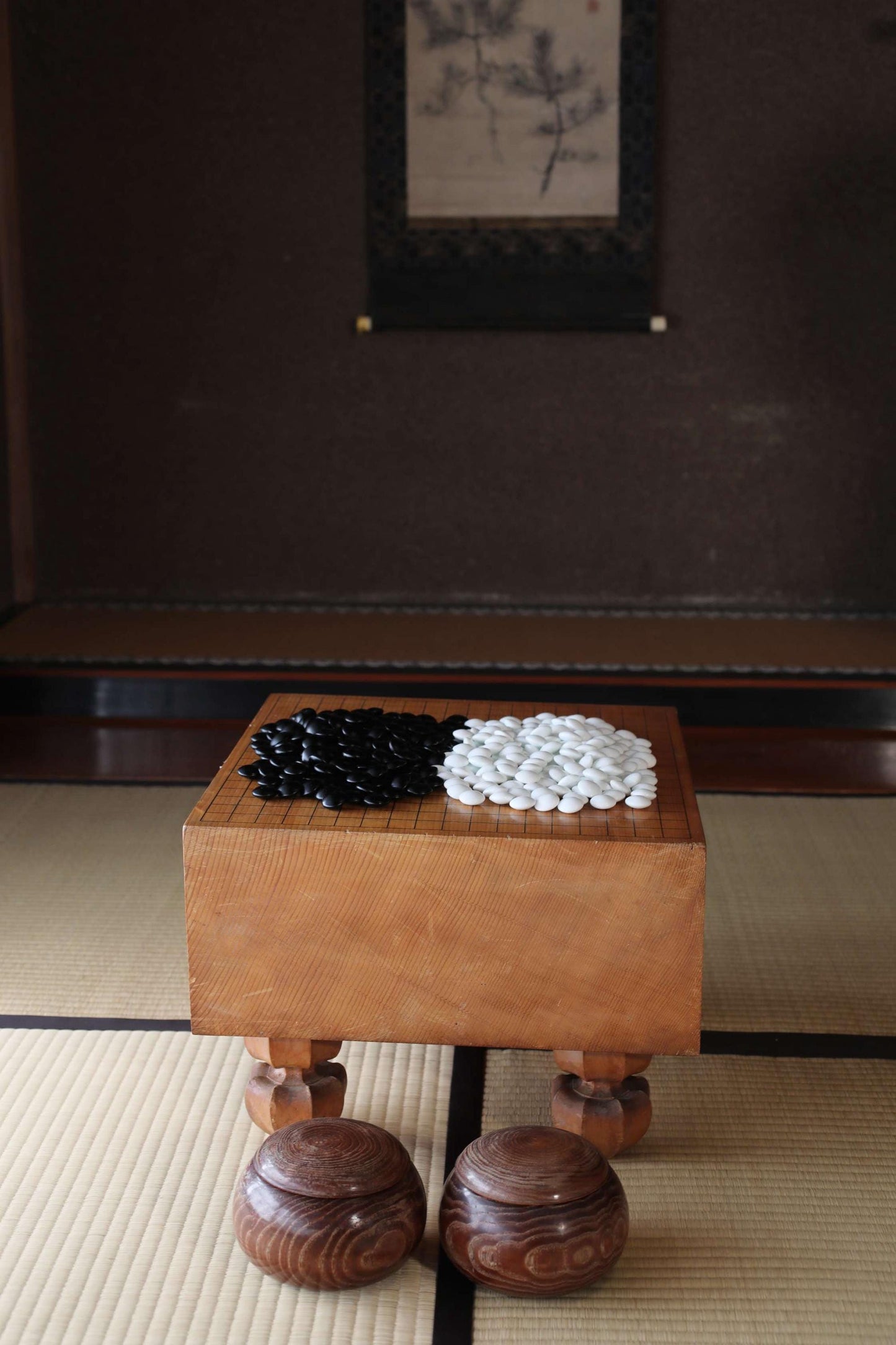 Japanese Go Game Table - Solid Wood Goban with Thick Stone Set & Architectural Board