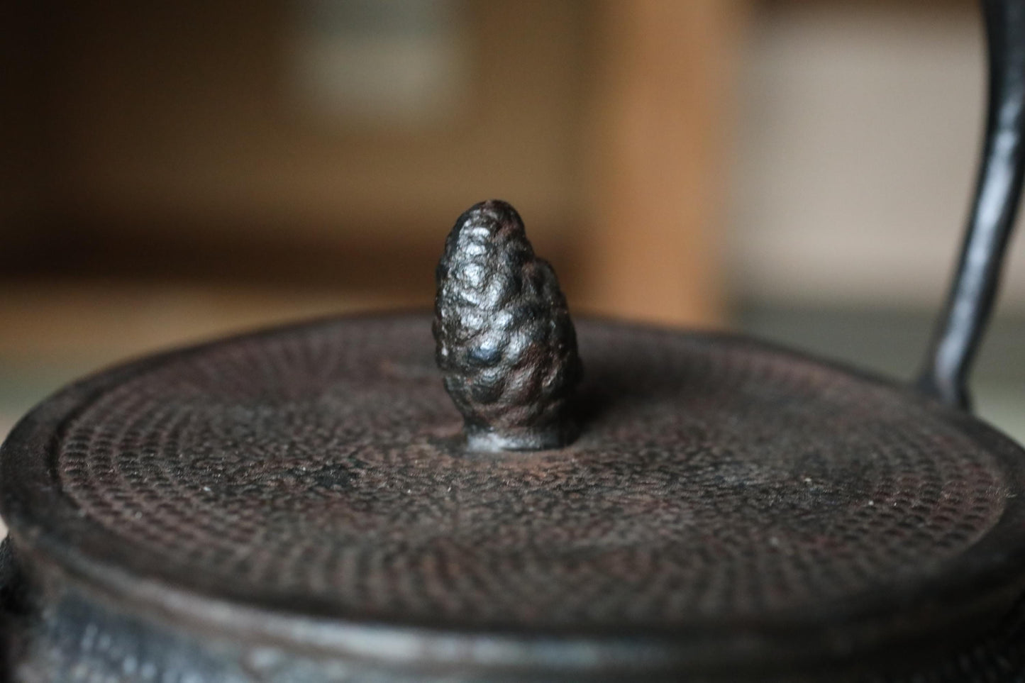 A close-up image of a metal lid with a small, textured object on top, possibly a decorative piece or a handle.