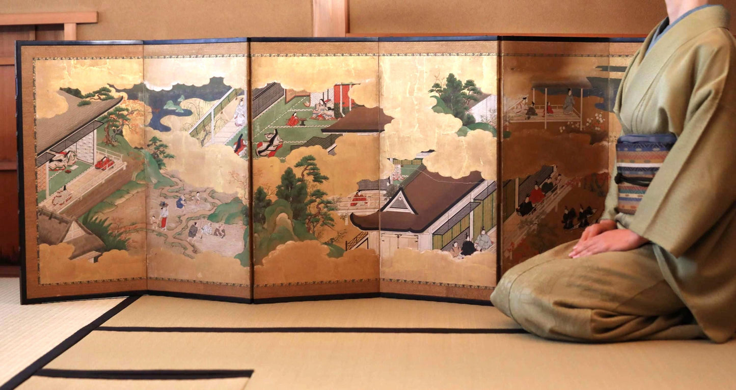 Japanese Antique Byobu Folding Screen - Tale of Genji Art, Gold & Silver Leaf, 17th Century Paravent