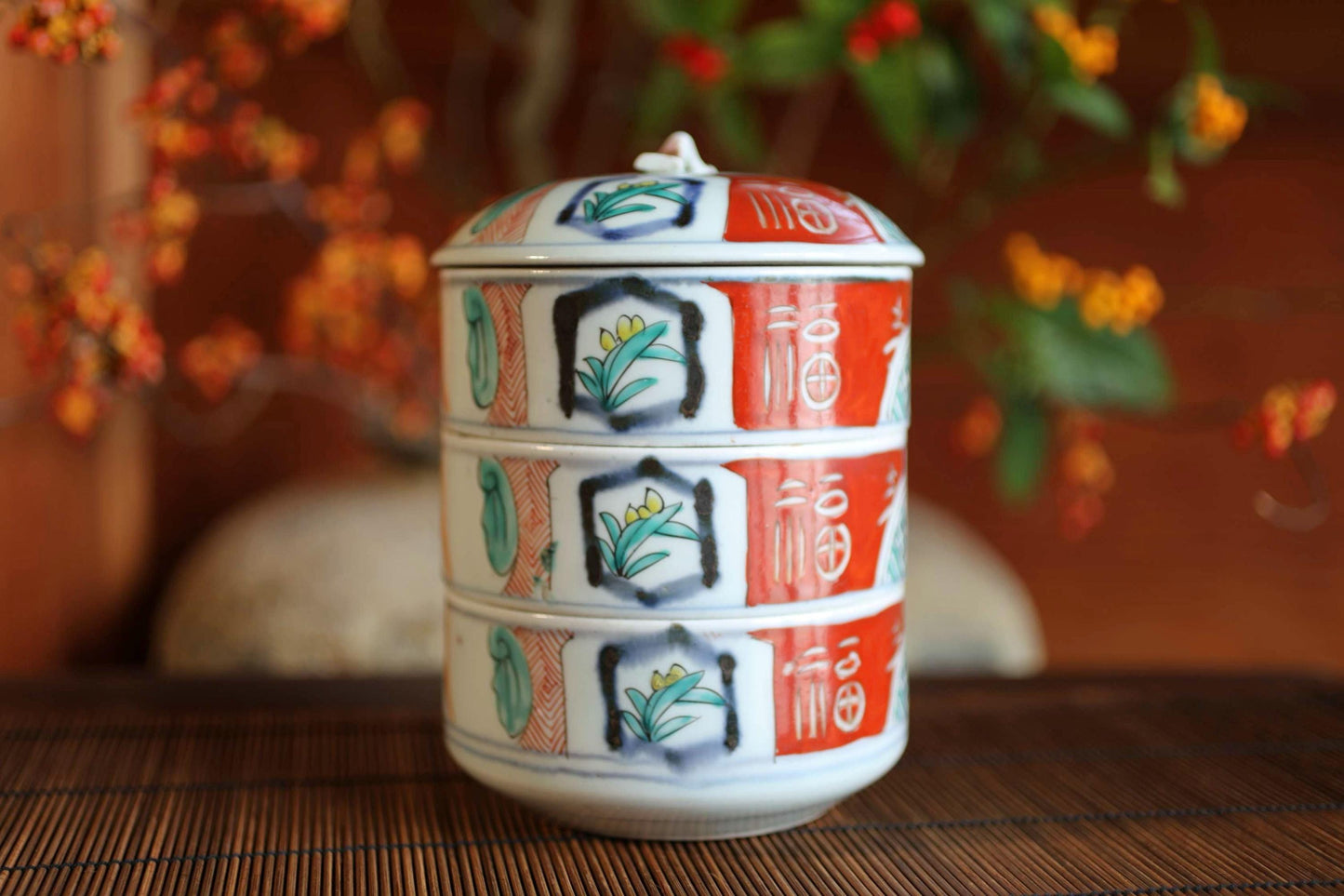 Jubako- Antique Porcelain Box, Seaweed Pattern, Stacking Ceramic Container