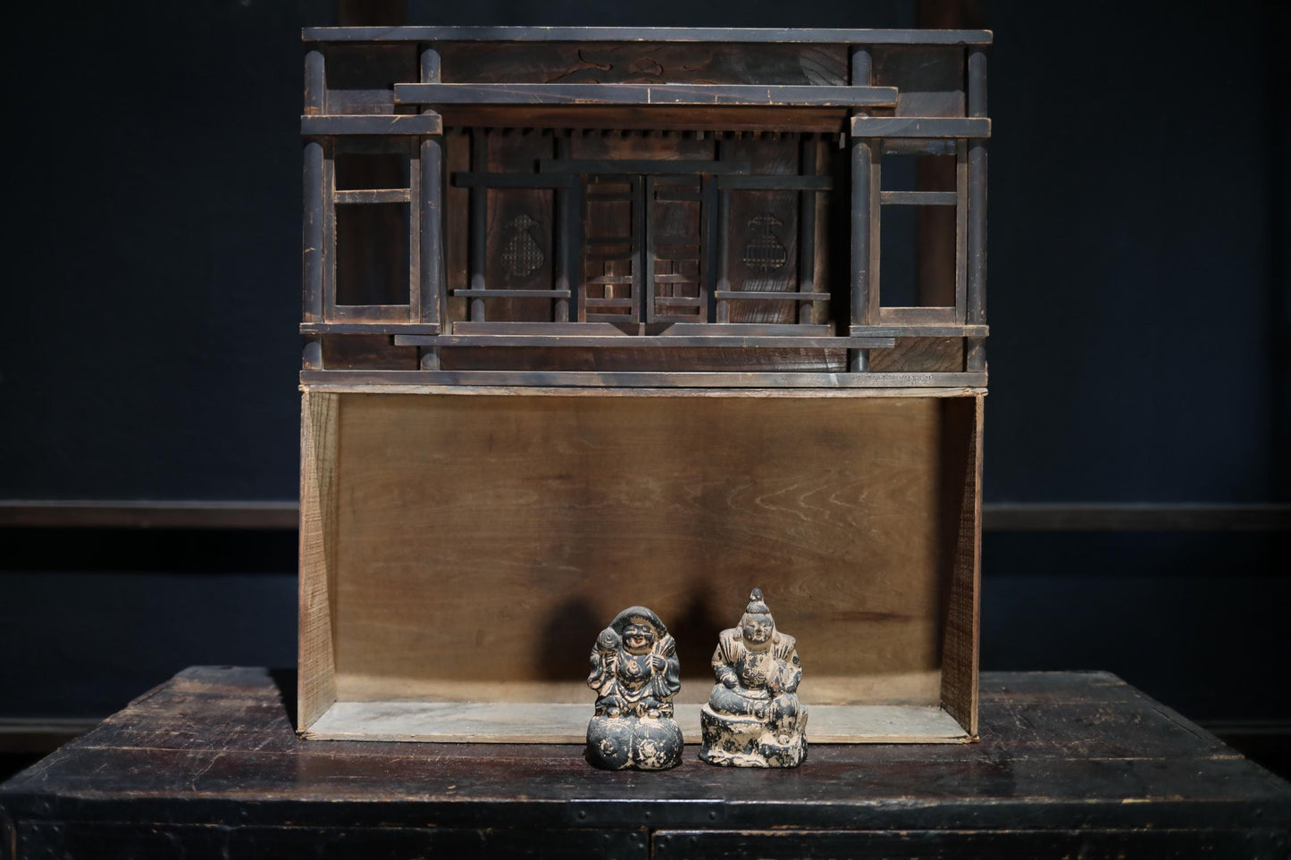 Japanese Zushi Cabinet Antique Kamidana Shelf – Shinto Shrine Altar With Ebisu And Daikoku Dolls