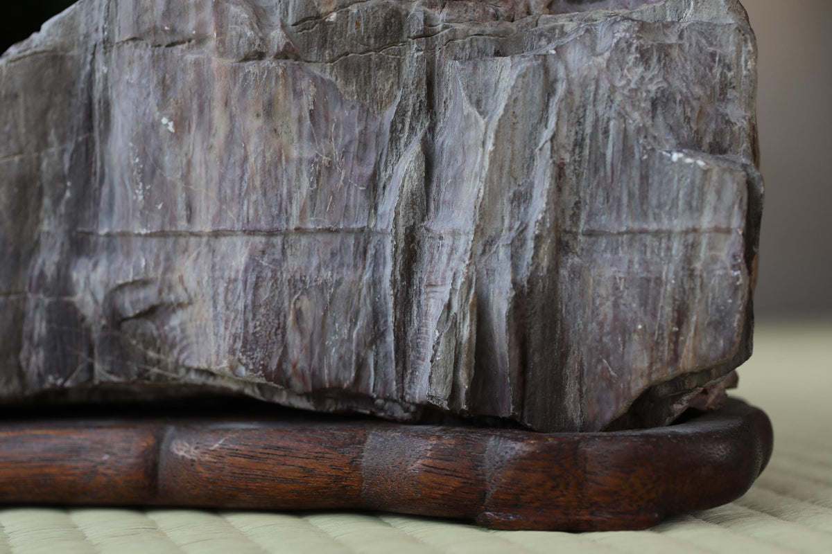 a close-up view of a large, irregularly shaped piece of wood with a rough, textured surface. The wood appears to be made of a dark-colored material, possibly a type of wood or a natural stone. The piece of wood is placed on a wooden stand or base, which is positioned on a surface with a textured pattern.