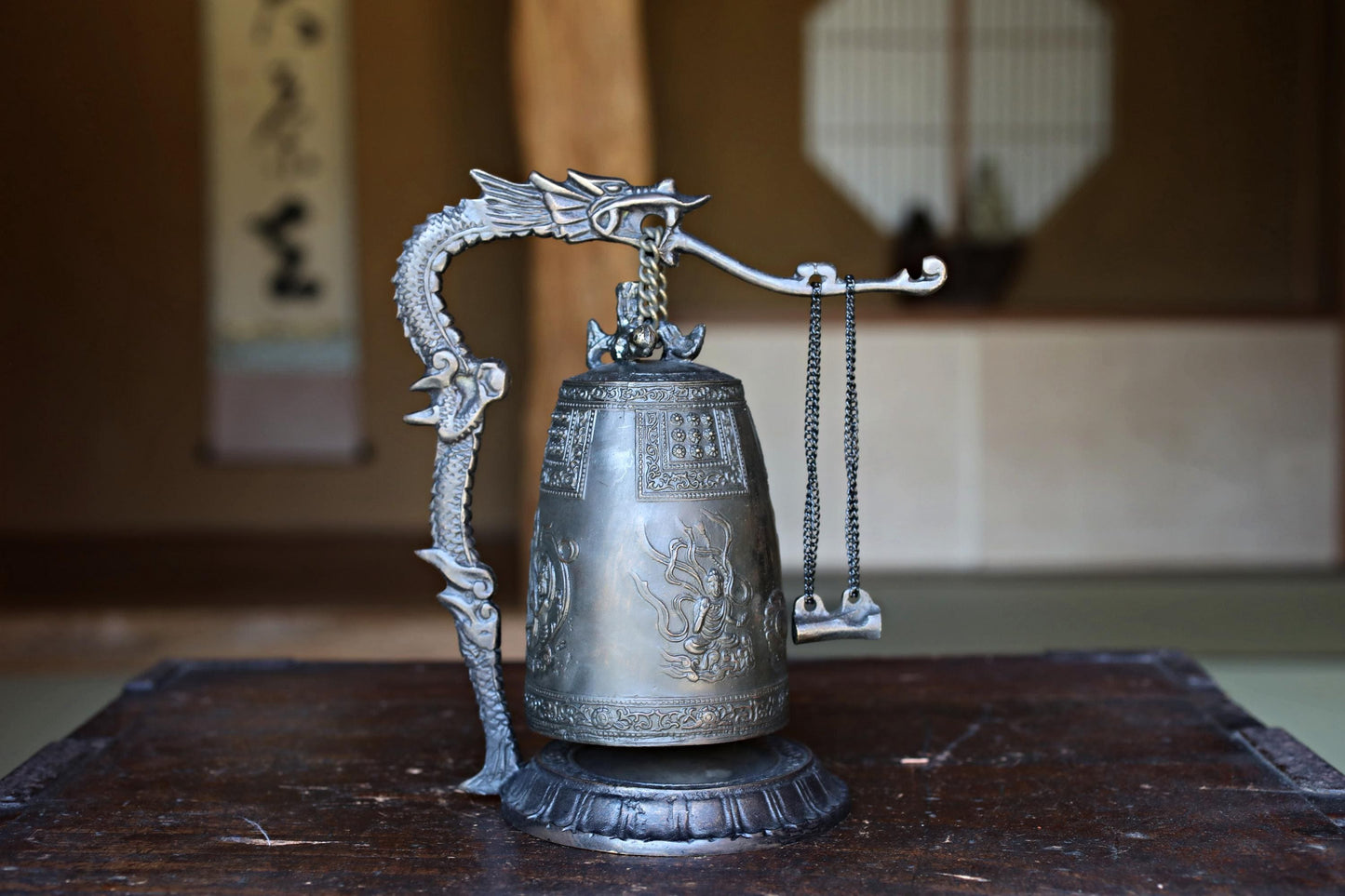 Japanese Bronze Temple Bell – Vintage Altar Gong With Dragon Stand & Striker