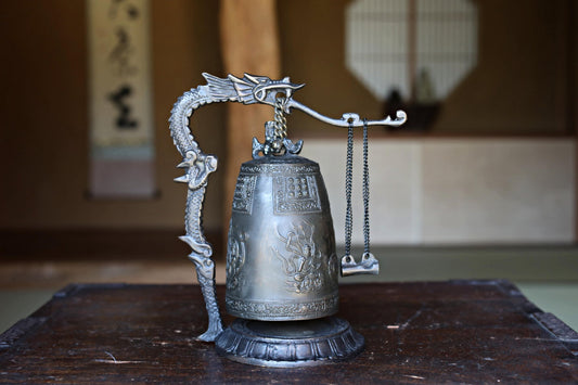 Japanese Bronze Temple Bell – Vintage Altar Gong With Dragon Stand & Striker
