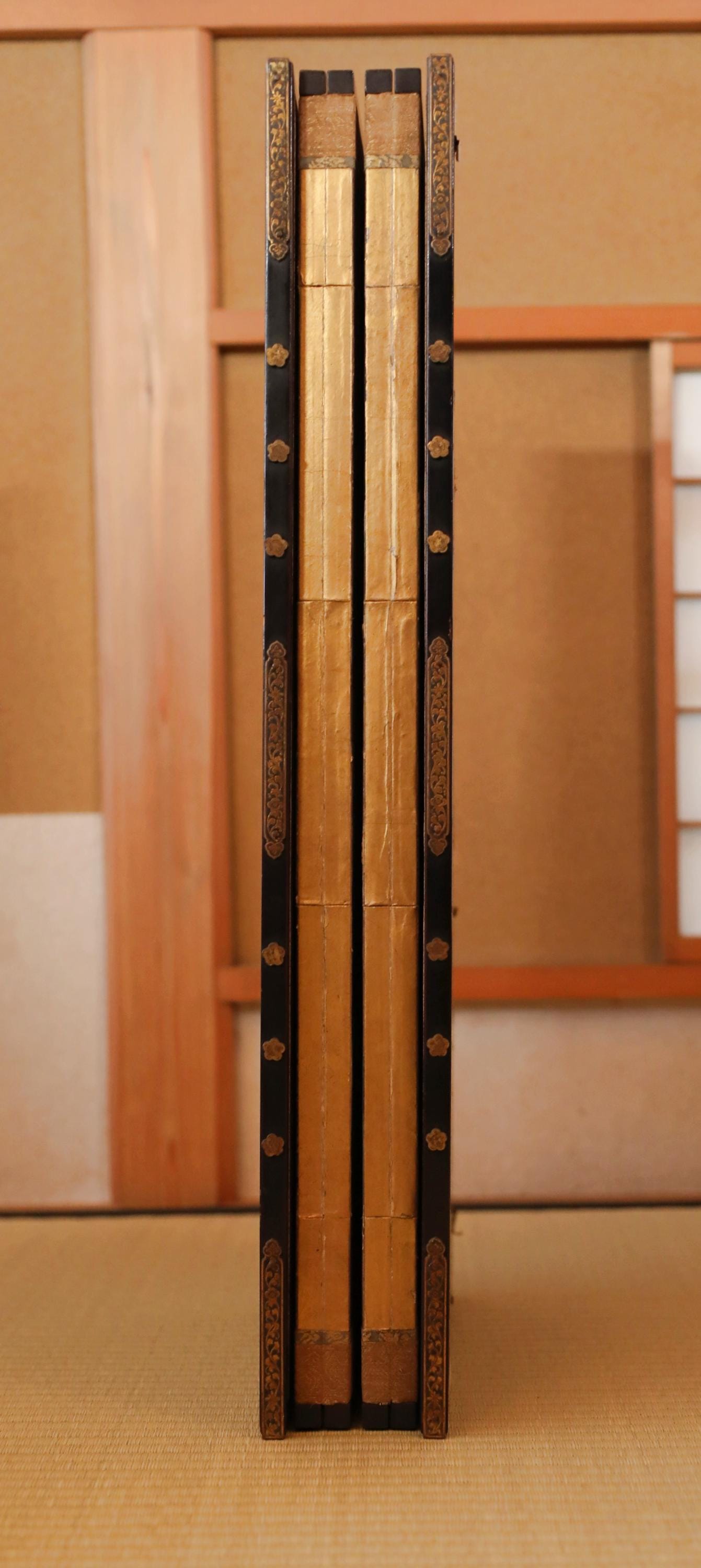 Antique Japanese Byobu Folding Screen - Edo Period Tale of Genji Art, Gold Leaf Decor