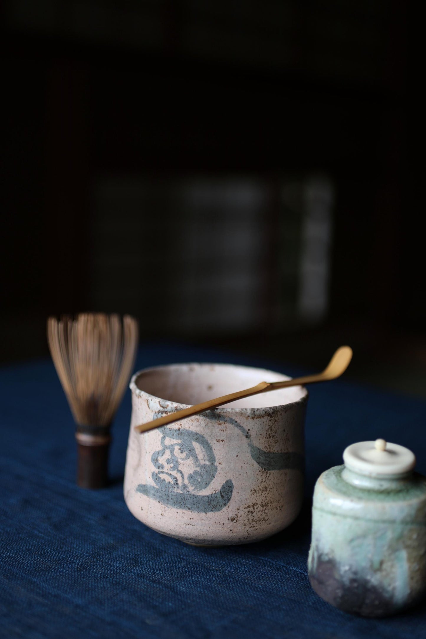 Shino Tea Bowl - Handmade Japanese Ceramic Chawan with Zen Master Daruma Art