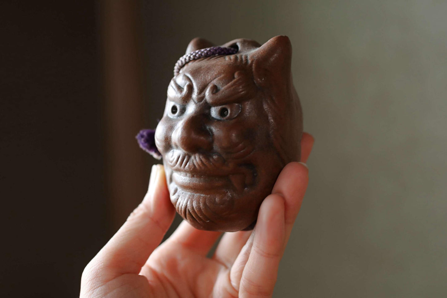 Japanese Pottery Bell - Vintage Oni Demon & Okame Mask Doll Ornament