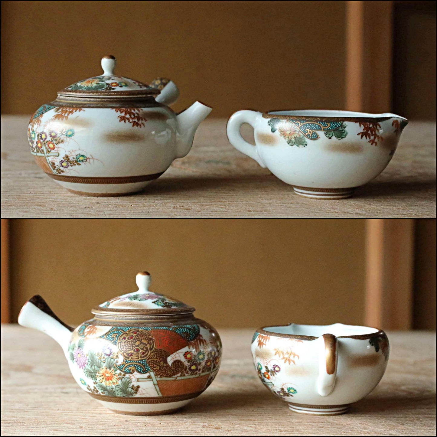 Kutani Antique Tea Set - Hand Painted Ceramic Sencha Cups & Gold Floral Tableware