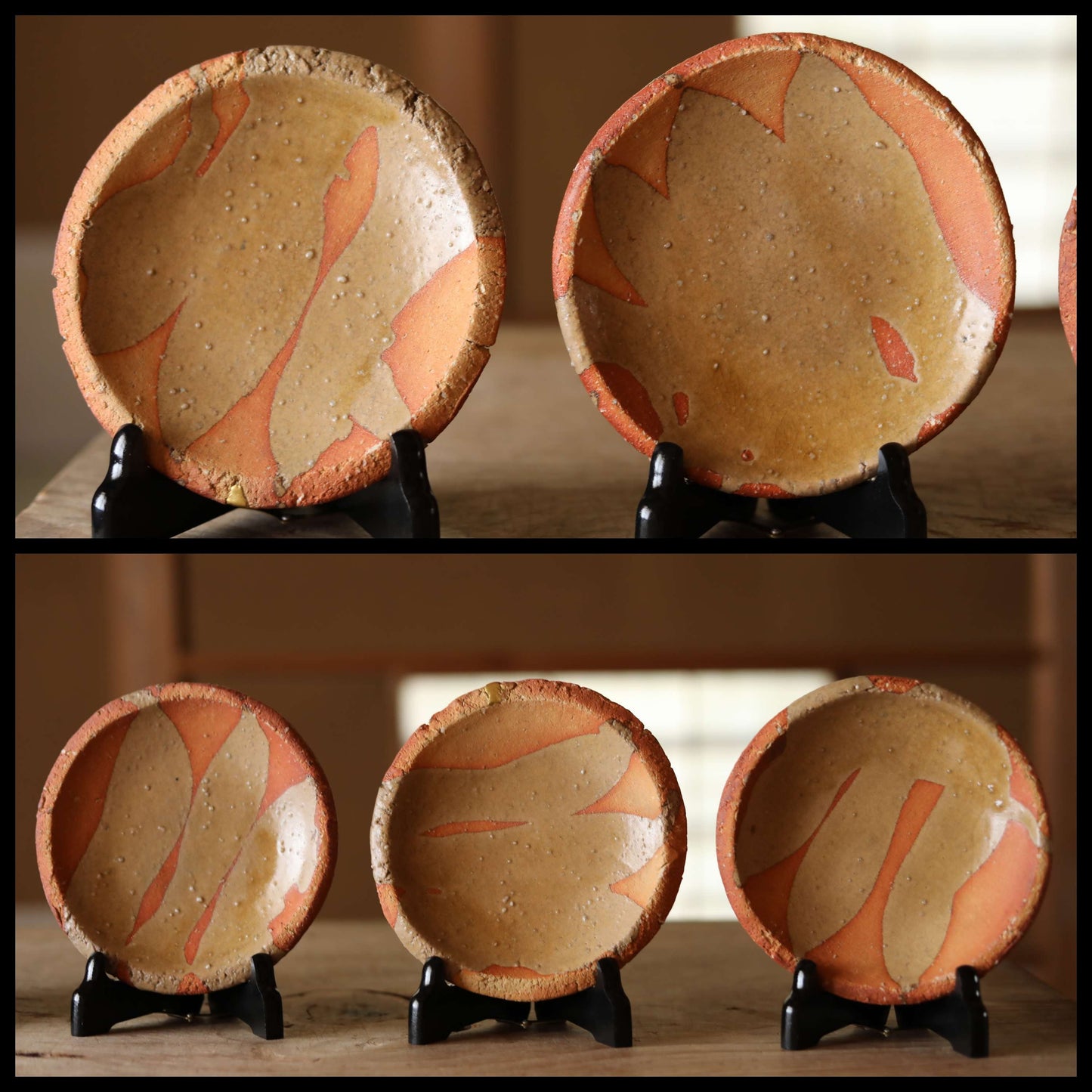 Shigaraki Ware Plates – Set of Five Vintage Japanese Ceramic Plates with Gold Kintsugi Repair