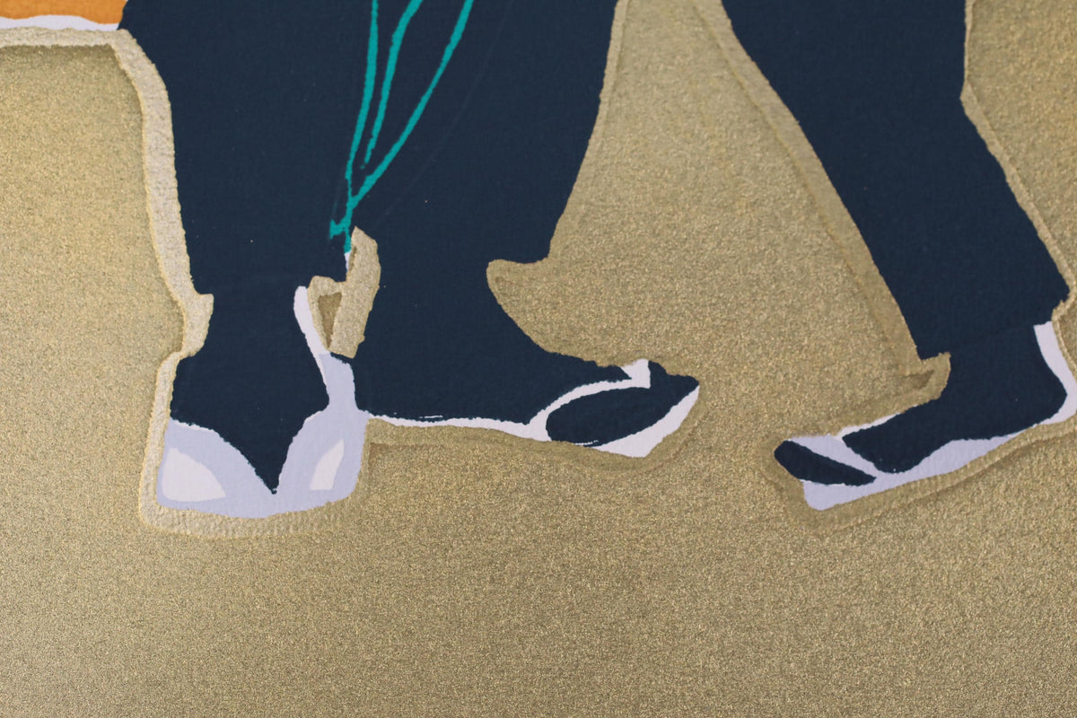 two pairs of shoes, one in each color, walking on a sandy surface.