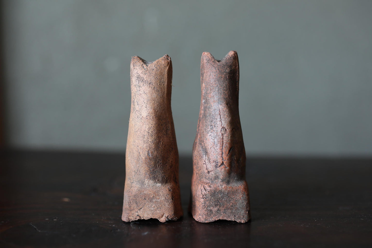 Japanese Antiques KITSUNE Dolls, Imado-yaki Pottery Pair (H3.7in)